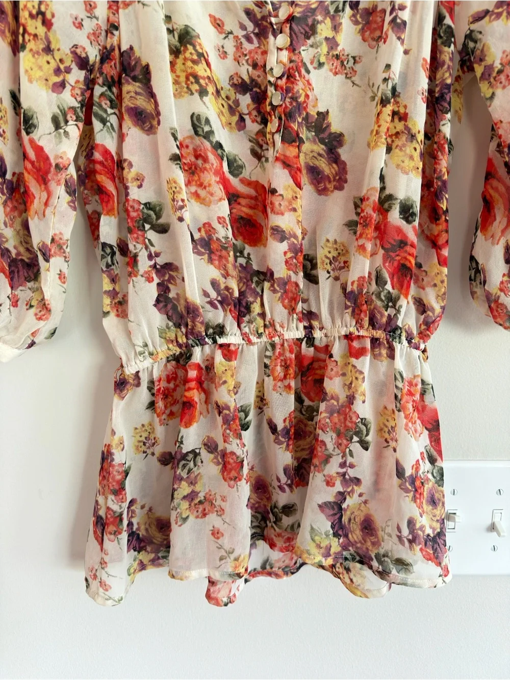 Forever 21 Cream Floral Peasant Tunic with Red & Purple Blooms